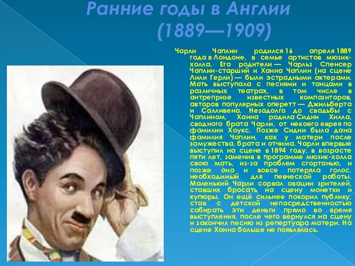 Ранние годы в Англии (1889—1909) Чарли Чаплин родился 16 апреля 1889