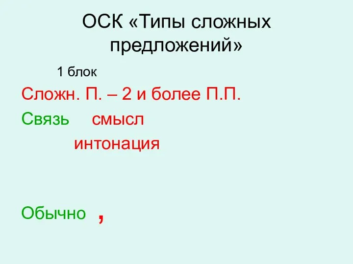 ОСК «Типы сложных предложений» 1 блок Сложн. П. – 2 и