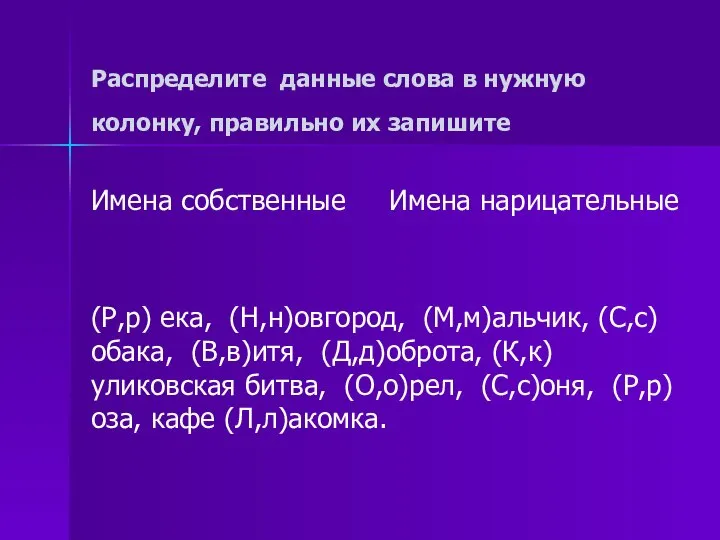 Распределите данные слова в нужную колонку, правильно их запишите Имена собственные