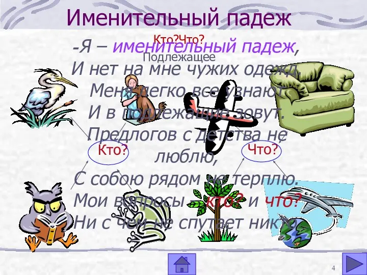 Именительный падеж Кто? Что? Кто?Что? Подлежащее -Я – именительный падеж, И