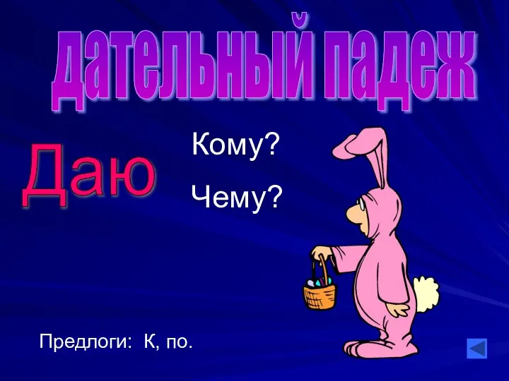 дательный падеж Даю Кому? Чему? Предлоги: К, по.