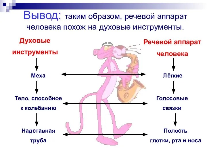 Вывод: таким образом, речевой аппарат человека похож на духовые инструменты. Духовые