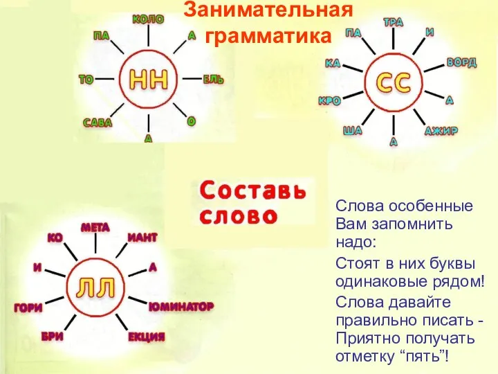 Занимательная грамматика Слова особенные Вам запомнить надо: Стоят в них буквы