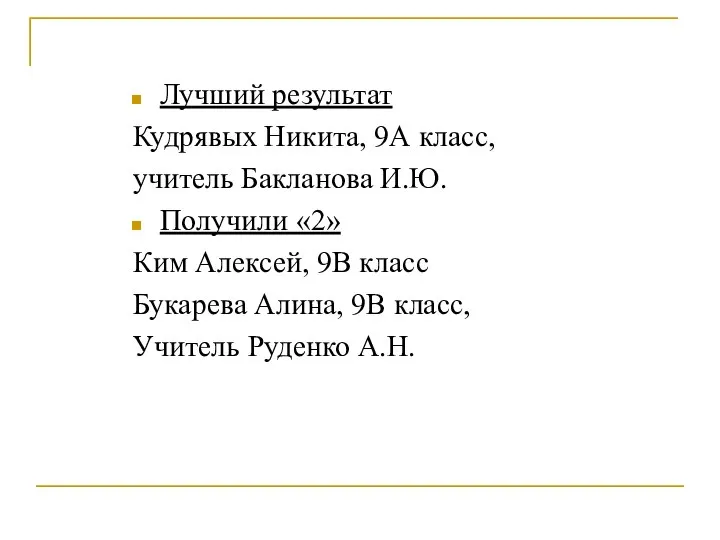 Лучший результат Кудрявых Никита, 9А класс, учитель Бакланова И.Ю. Получили «2»