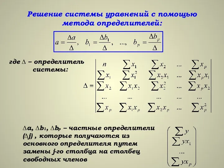 Решение системы уравнений с помощью метода определителей: где ∆ – определитель