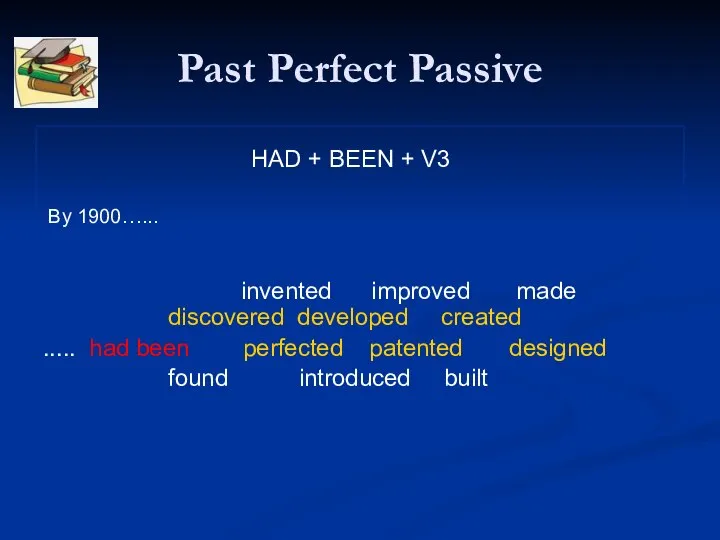 Past Perfect Passive HAD + BEEN + V3 By 1900…... invented