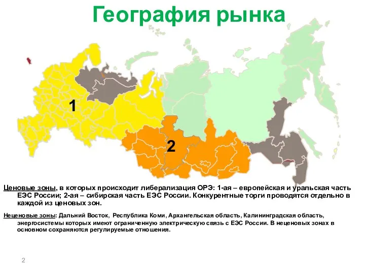 География рынка Ценовые зоны, в которых происходит либерализация ОРЭ: 1-ая –