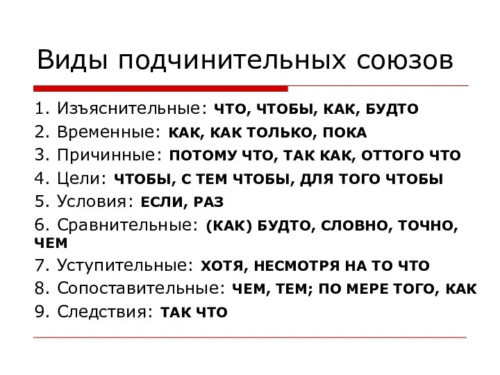 Виды подчинительных союзов 1. Изъяснительные: ЧТО, ЧТОБЫ, КАК, БУДТО 2. Временные: