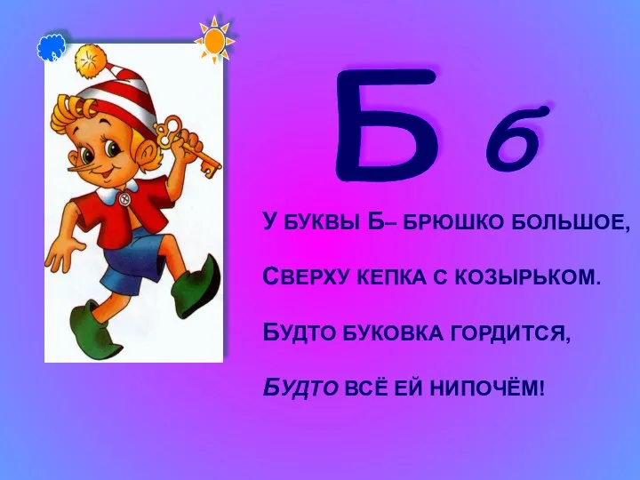 У БУКВЫ Б– БРЮШКО БОЛЬШОЕ, СВЕРХУ КЕПКА С КОЗЫРЬКОМ. БУДТО БУКОВКА ГОРДИТСЯ, БУДТО ВСЁ ЕЙ НИПОЧЁМ!