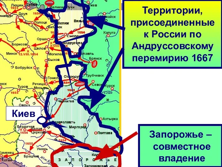 Территории, присоединенные к России по Андруссовскому перемирию 1667 Запорожье – совместное владение Киев