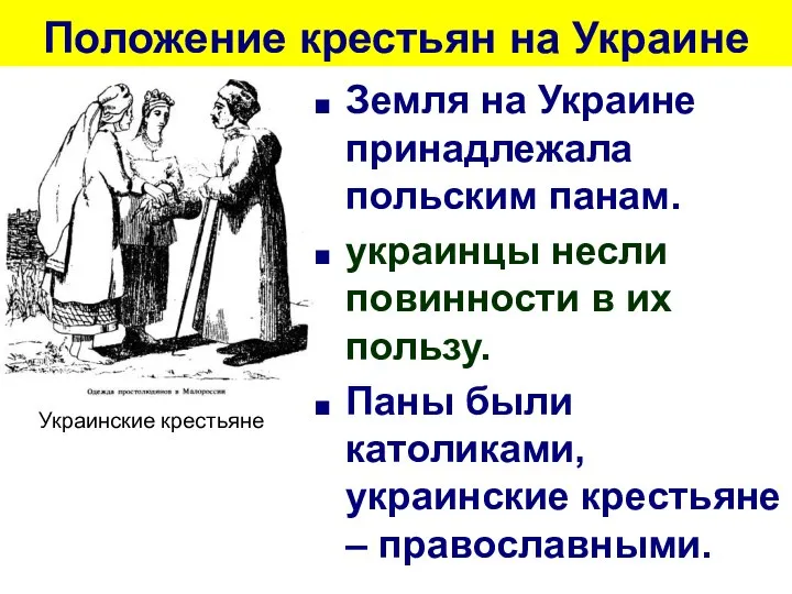 Положение крестьян на Украине Земля на Украине принадлежала польским панам. украинцы