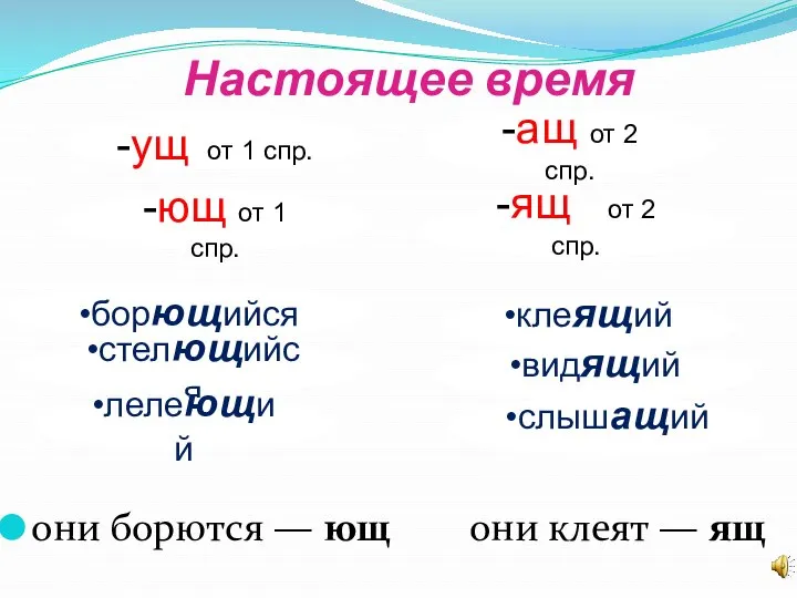 они борются — ющ они клеят — ящ Настоящее время -ущ