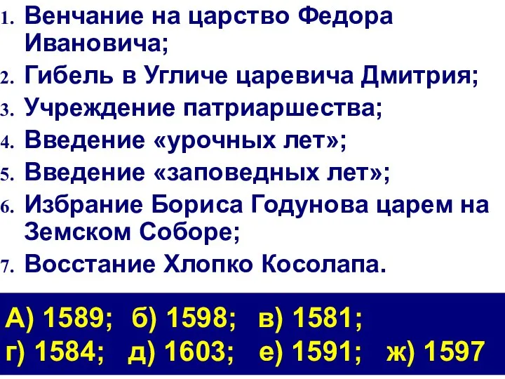 Венчание на царство Федора Ивановича; Гибель в Угличе царевича Дмитрия; Учреждение