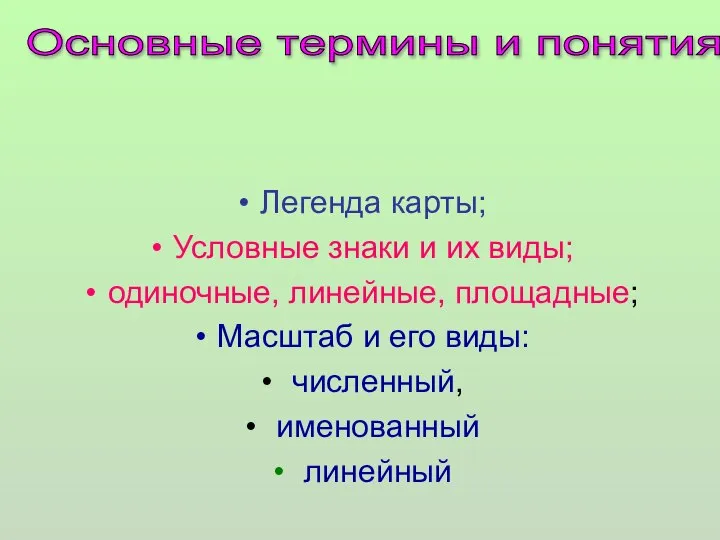 Легенда карты; Условные знаки и их виды; одиночные, линейные, площадные; Масштаб