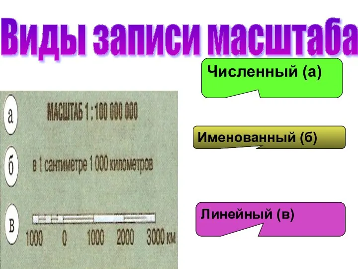 Численный (а) Именованный (б) Линейный (в) Виды записи масштаба