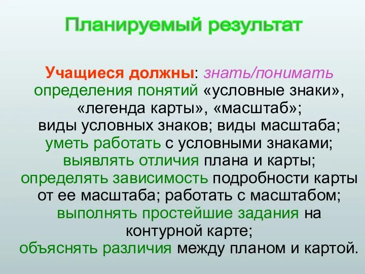 Учащиеся должны: знать/понимать определения понятий «условные знаки», «легенда карты», «масштаб»; виды