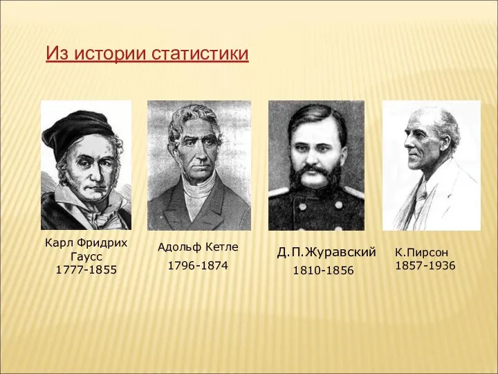 Карл Фридрих Гаусс 1777-1855 К.Пирсон 1857-1936 Адольф Кетле 1796-1874 Д.П.Журавский Из истории статистики 1810-1856