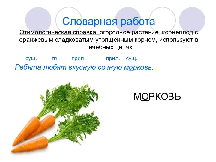 Словарная работа Этимологическая справка: огородное растение, корнеплод с оранжевым сладковатым утолщённым