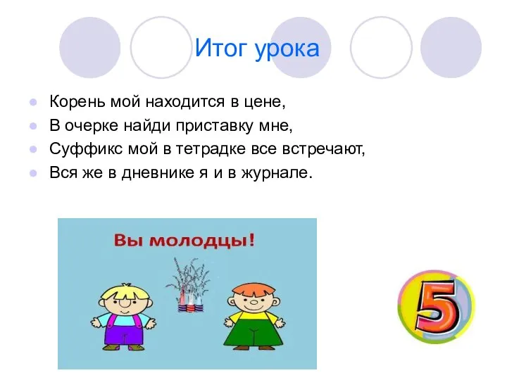 Итог урока Корень мой находится в цене, В очерке найди приставку