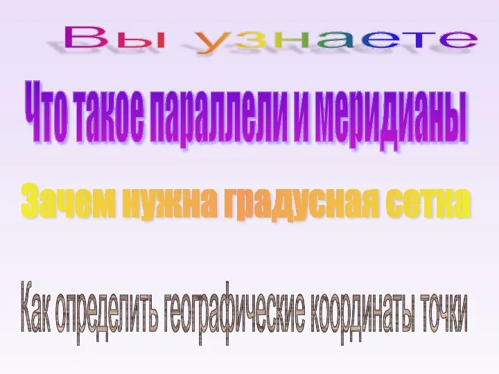 Вы узнаете Что такое параллели и меридианы Зачем нужна градусная сетка Как определить географические координаты точки