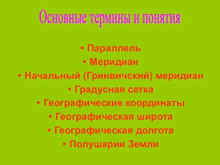 Параллель Меридиан Начальный (Гринвичский) меридиан Градусная сетка Географические координаты Географическая широта