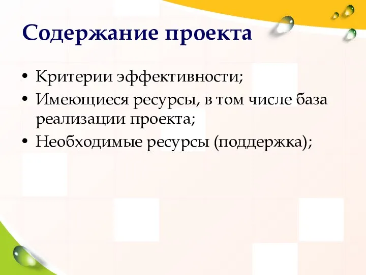 Содержание проекта Критерии эффективности; Имеющиеся ресурсы, в том числе база реализации проекта; Необходимые ресурсы (поддержка);