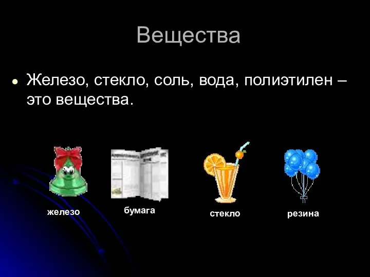 Вещества Железо, стекло, соль, вода, полиэтилен – это вещества. железо бумага стекло резина