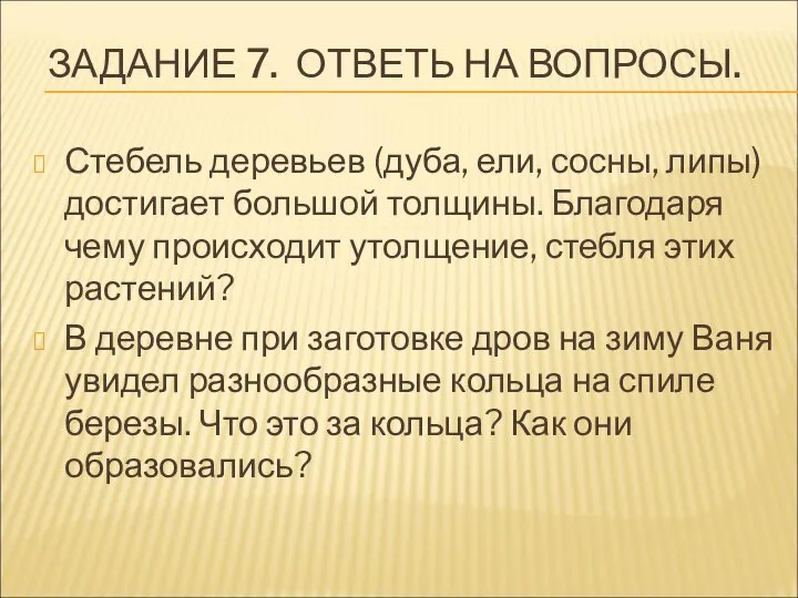 ЗАДАНИЕ 7. ОТВЕТЬ НА ВОПРОСЫ. Стебель деревьев (дуба, ели, сосны, липы)