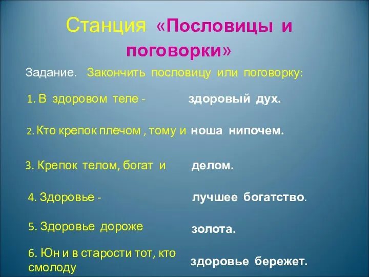 Станция «Пословицы и поговорки» Задание. Закончить пословицу или поговорку: 1. В