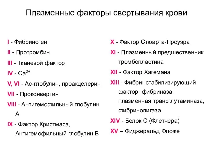 Плазменные факторы свертывания крови I - Фибриноген II - Протромбин III