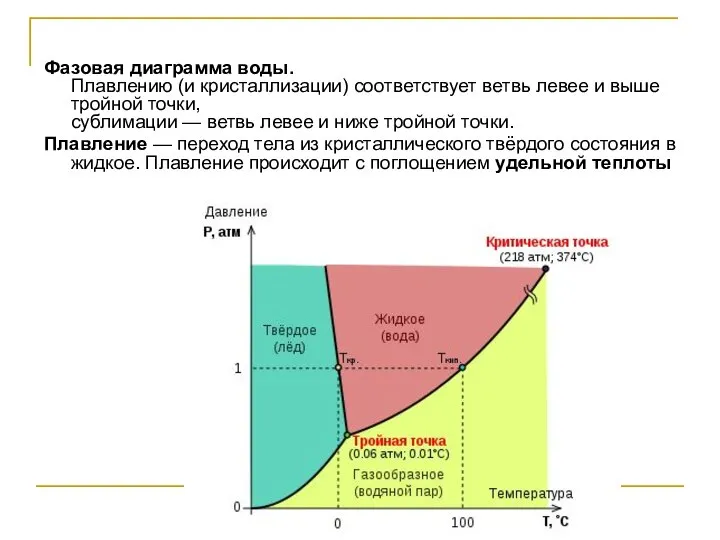 Фазовая диаграмма воды. Плавлению (и кристаллизации) соответствует ветвь левее и выше