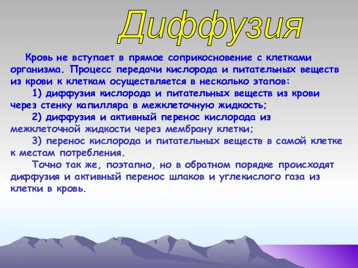 Диффузия Кровь не вступает в прямое соприкосновение с клетками организма. Процесс