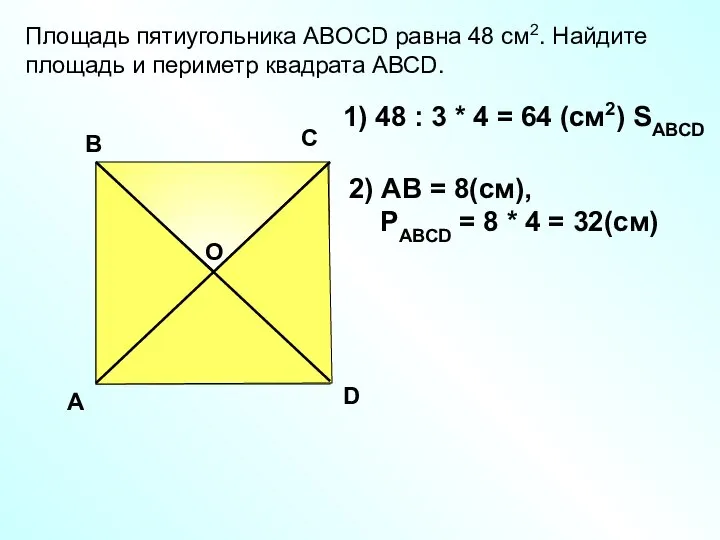 Площадь пятиугольника АBOCD равна 48 см2. Найдите площадь и периметр квадрата