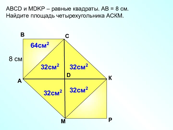 АBCD и MDKP – равные квадраты. АВ = 8 см. Найдите