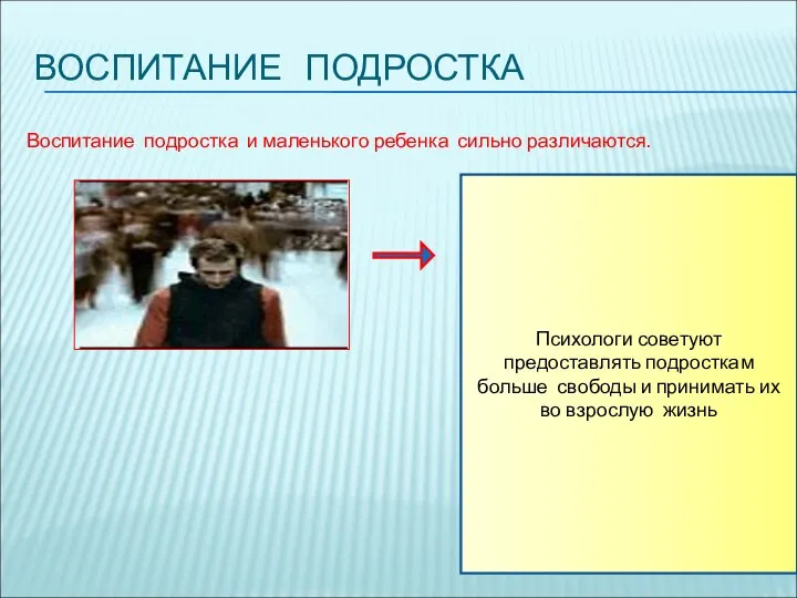 ВОСПИТАНИЕ ПОДРОСТКА Воспитание подростка и маленького ребенка сильно различаются. Психологи советуют