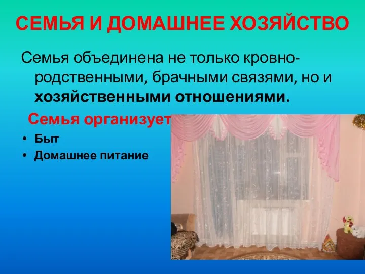 СЕМЬЯ И ДОМАШНЕЕ ХОЗЯЙСТВО Семья объединена не только кровно-родственными, брачными связями,