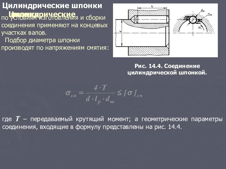 Цилиндрические шпонки Рис. 14.4. Соединение цилиндрической шпонкой. где T – передаваемый