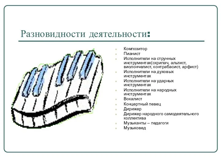 Разновидности деятельности: Композитор Пианист Исполнители на струнных инструментах(скрипач, альтист, виолончелист, контрабасист,