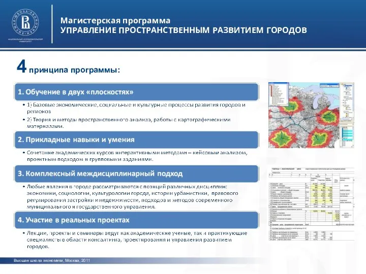 Высшая школа экономики, Москва, 2011 Магистерская программа УПРАВЛЕНИЕ ПРОСТРАНСТВЕННЫМ РАЗВИТИЕМ ГОРОДОВ 4 принципа программы: