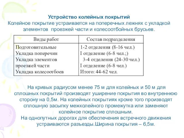 Устройство колейных покрытий Колейное покрытие устраивается на поперечных лежнях с укладкой