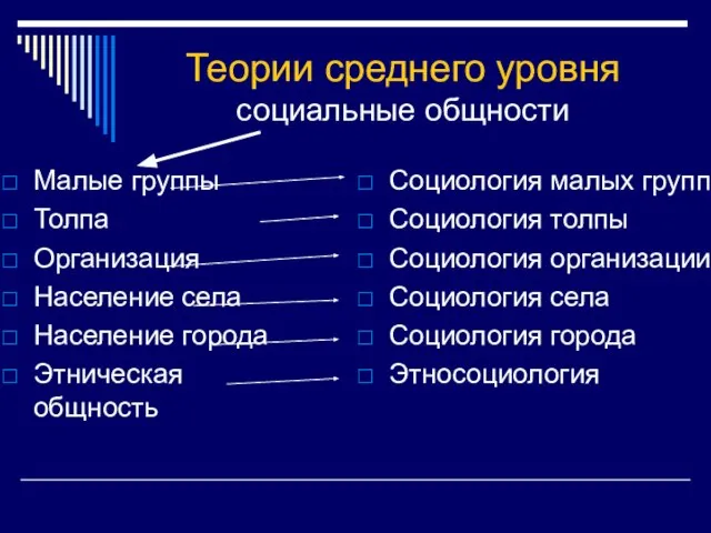 Теории среднего уровня социальные общности Малые группы Толпа Организация Население села