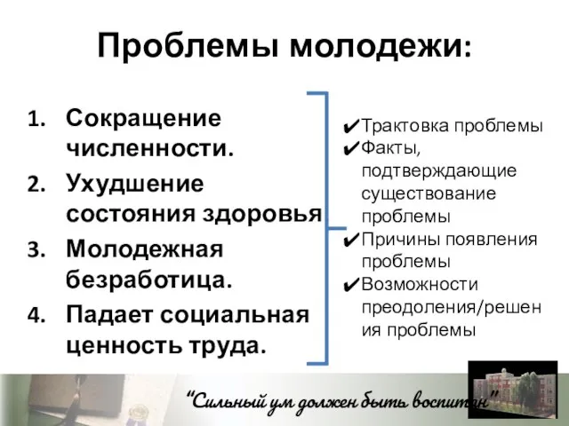 Проблемы молодежи: Сокращение численности. Ухудшение состояния здоровья. Молодежная безработица. Падает социальная