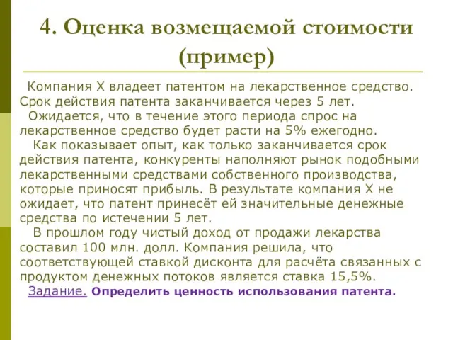 4. Оценка возмещаемой стоимости (пример) Компания Х владеет патентом на лекарственное