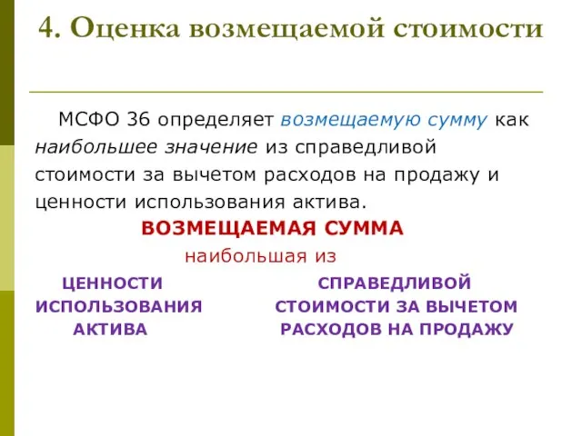 4. Оценка возмещаемой стоимости МСФО 36 определяет возмещаемую сумму как наибольшее