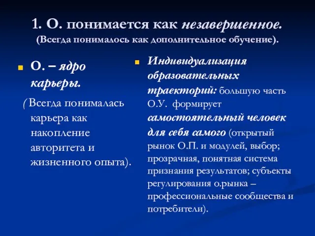 1. О. понимается как незавершенное. (Всегда понималось как дополнительное обучение). О.