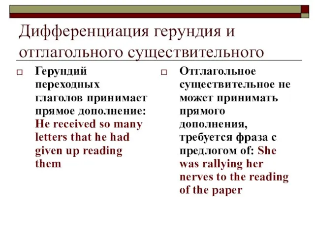 Дифференциация герундия и отглагольного существительного Герундий переходных глаголов принимает прямое дополнение: