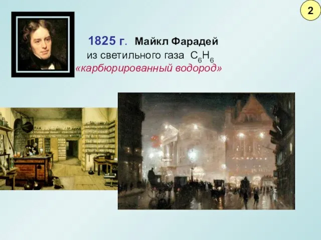 1825 г. Майкл Фарадей из светильного газа С6Н6 «карбюрированный водород» 2