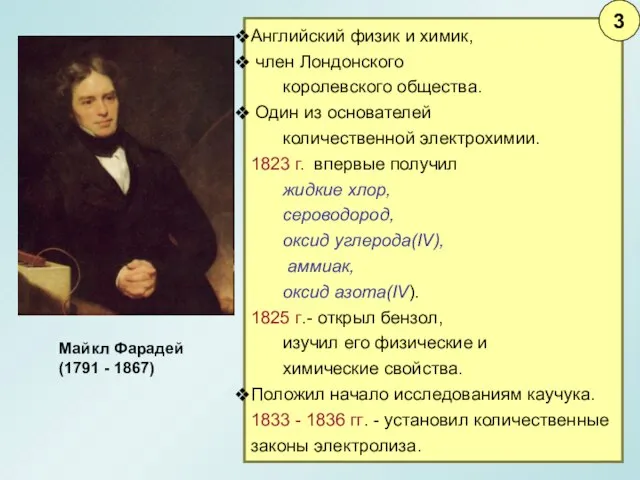 Майкл Фарадей (1791 - 1867) Английский физик и химик, член Лондонского