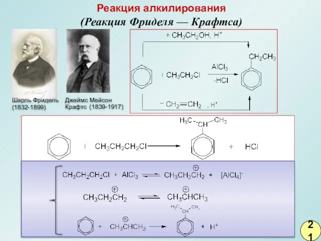 Реакция алкилирования (Реакция Фриделя — Крафтса) Шарль Фридель (1832-1899) Джеймс Мейсон Крафтс (1839-1917) 21