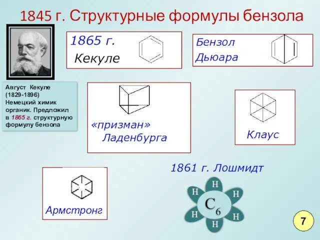 1845 г. Структурные формулы бензола Август Кекуле (1829-1896) Немецкий химик органик.